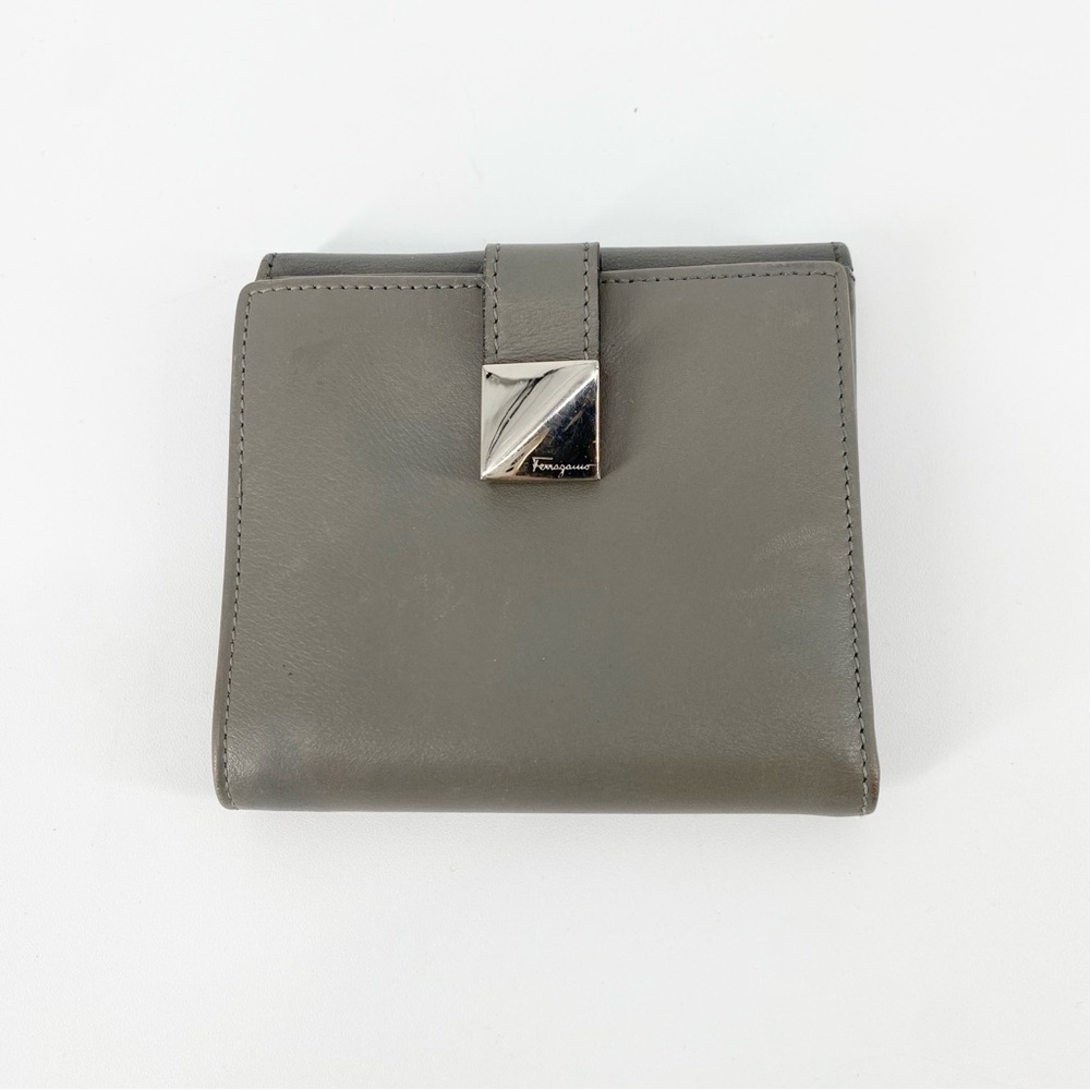 Vintage Salvatore Ferragamo Grey Leather Compact Bifold Wallet